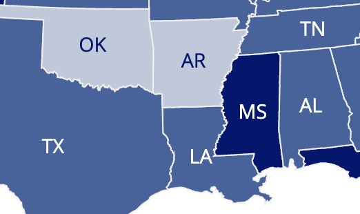 Map showing Mississippi with high reading scores